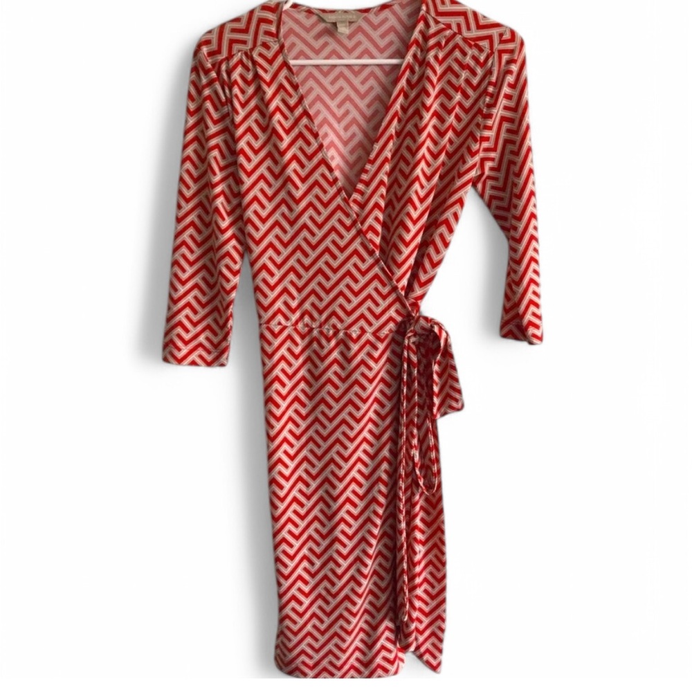 Banana Republic 3/4 Sleeve Orange Printed Midi Wrap Dress